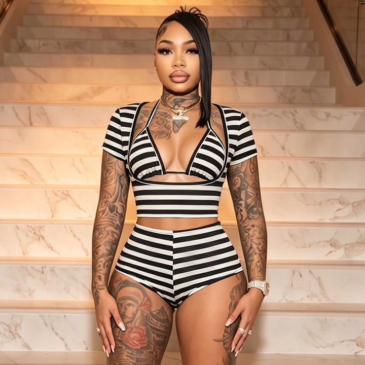 Damen Sportliches Zweiteiliges Set mit Hoch geschnittenem Oberteil und Shorts Drune