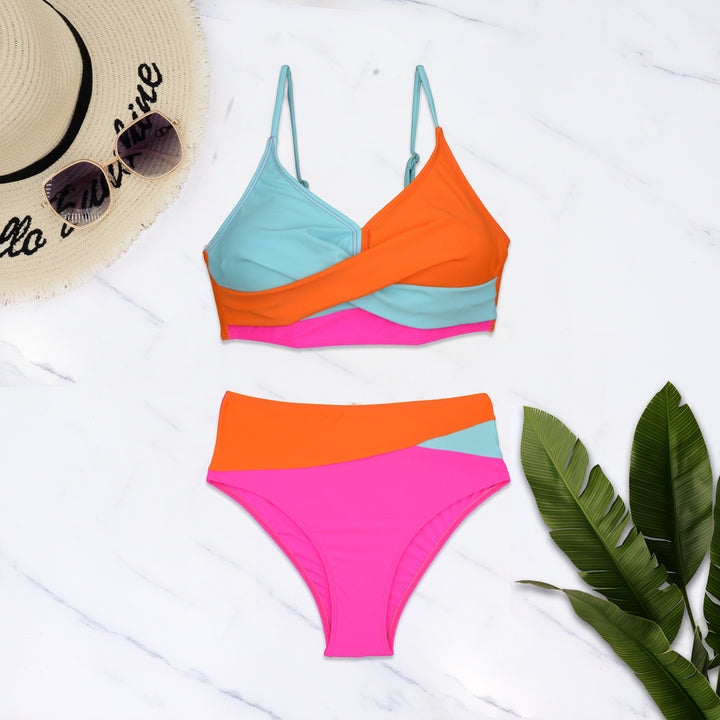 Damen Bunt gemusterter Bikini mit crossed Design und hohem Bund Drune