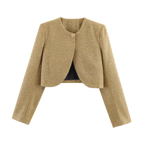 Damen Kurzgeschnittene Bouclé-Cropped-Jacke mit Rundhalsausschnitt und Ein-Knopf-Verschluss Drune