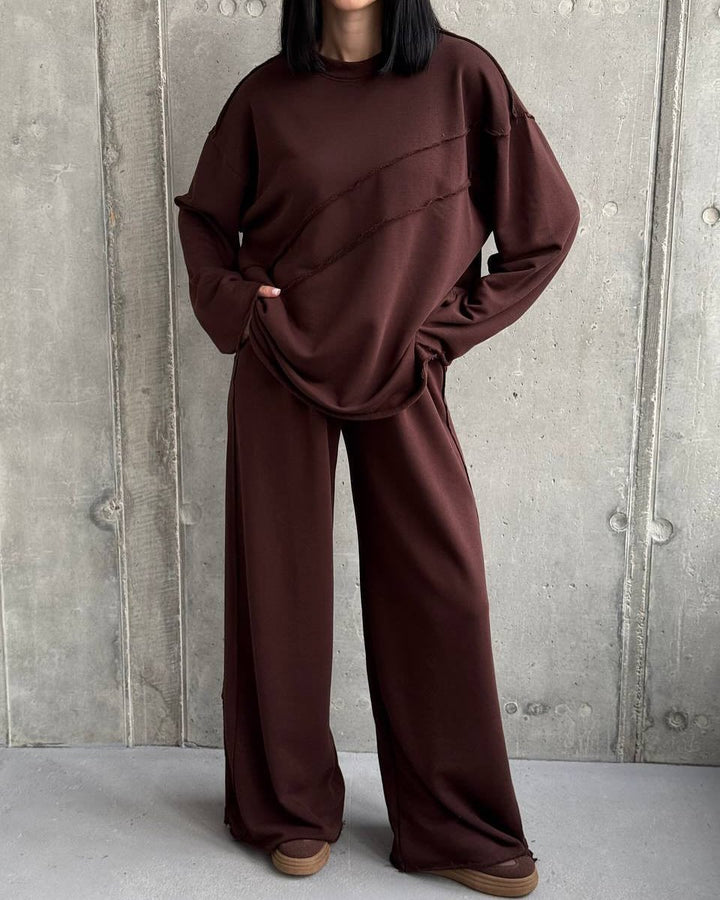 Damen weiches Oversize Lounge-Set mit diagonalem Ziernähten und extra weiter Palazzo-Hose Drune