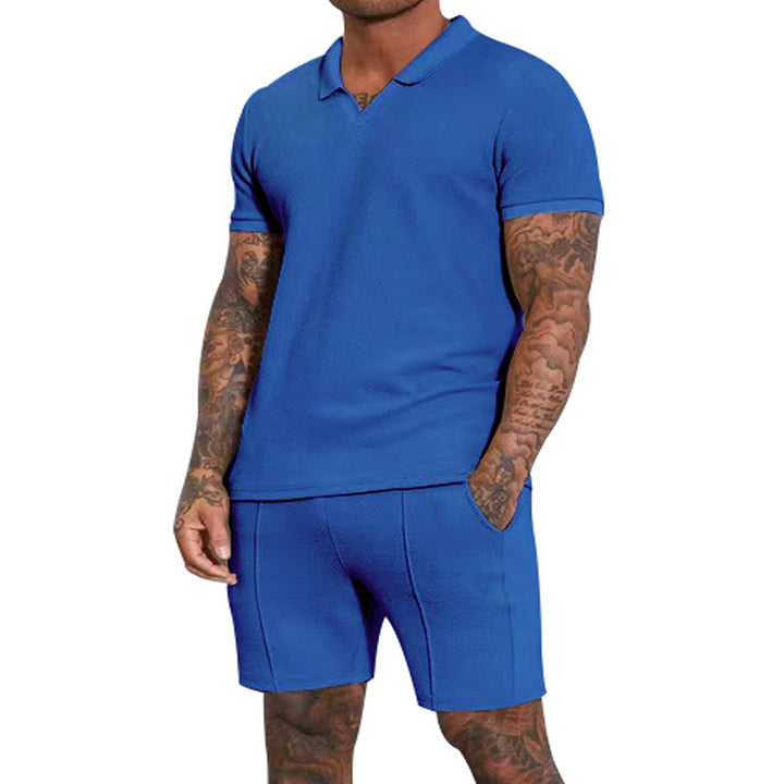 Herren nan kurzärmeliges Halbkragen-Strickset mit feiner Waffelstruktur und gerade geschnittenen Shorts Drune