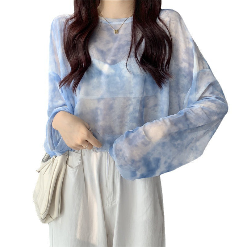 Damen transparenter Longsleeve-Oberteil mit modernem Tie-Dye-Muster Drune