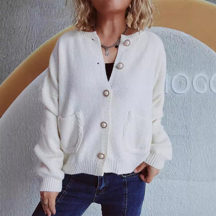 Damen gemütliche Strickjacke mit Perlenknöpfen und Taschen Drune