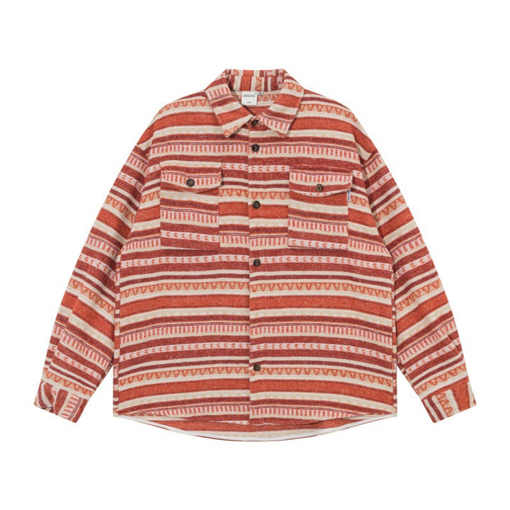 Unisex Oversize-Strickshirtjacke im Ethno‑Streifenmuster mit Pattentaschen Drune