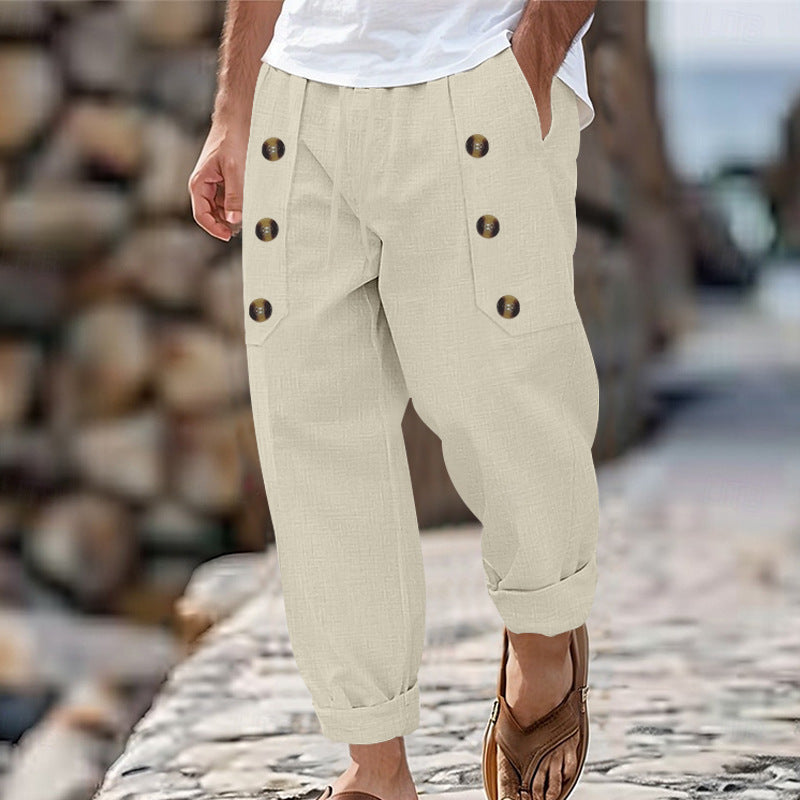 Herren Bequeme Leinenhose mit seitlichen Knöpfen und elastischem Bund Drune
