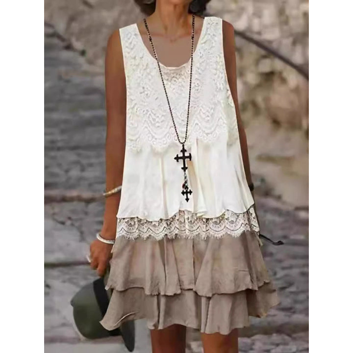 Damen lässiges Strandkleid mit Spitzenverzierung und voluminösem Rüschensaum Drune
