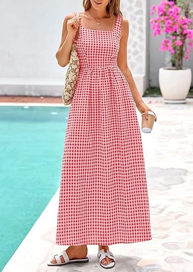Damen Maxikleid im klassischen Karomuster mit verstellbaren Trägern und elastischem Bund Drune