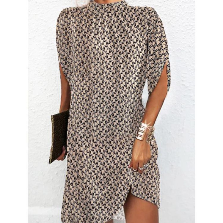 Damen nan lässiges Tunika-Minikleid mit Schlitzärmeln, kleinem Stehkragen und seitlichem Beinschlitz Drune