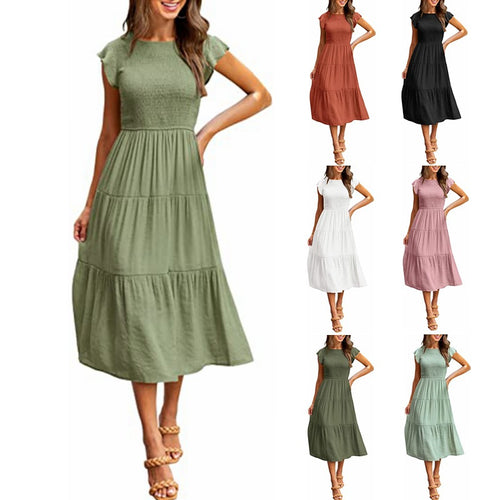 Damen Midikleid mit gesmoktem Oberteil und voluminösem Rock Drune
