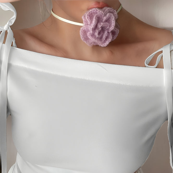 Damen eleganter Choker mit floralen Details und Satinband Drune