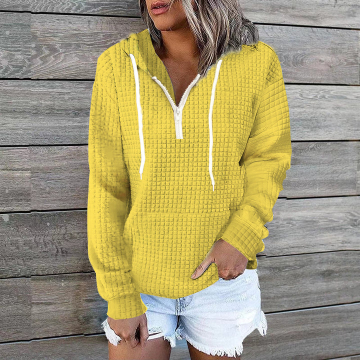 Damen Waffelstruktur Kapuzenpullover mit Halbzip, Kängurutasche und lässigem Oversize‑Schnitt Drune