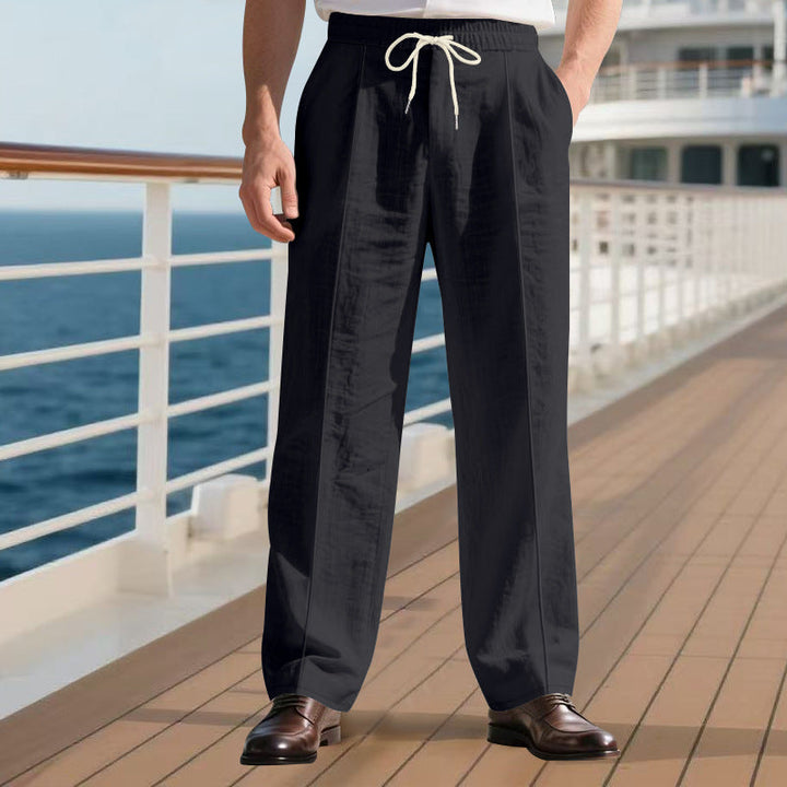 Herren nan legere Leinen-Bundfaltenhose mit elastischem Bund und Kordelzug Drune