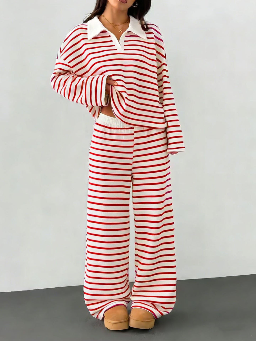 Damen lässiges Streifen-Loungewear-Set mit Kragen Drune