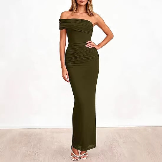 Damen Elegantes Maxi-Kleid mit schulterfreiem Design und raffinierten Drapierungen Drune