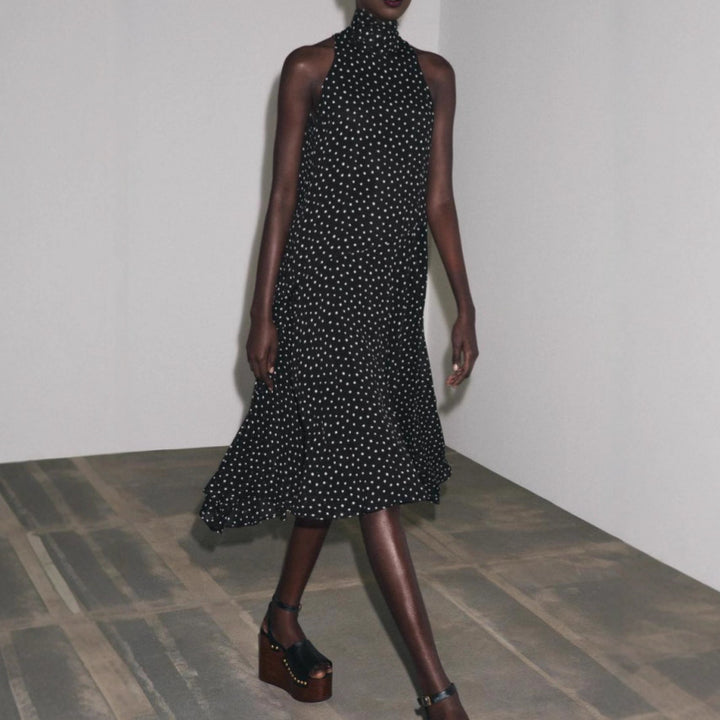 Damen nan ärmelloses hochgeschlossenes Midikleid mit schwingendem Volantrock und femininer A-Linie Drune