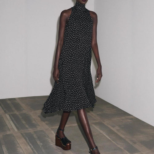 Damen nan ärmelloses hochgeschlossenes Midikleid mit schwingendem Volantrock und femininer A-Linie Drune