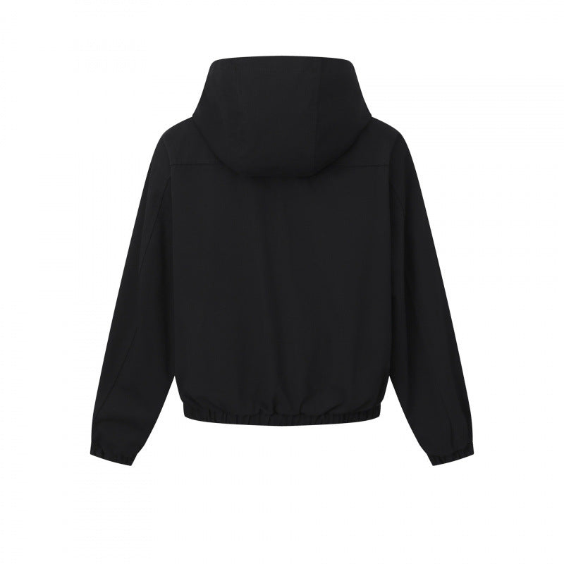 Damen Kurz geschnittene Kapuzen-Blousonjacke mit strukturiertem Gewebe, Pattentaschen und elastischem Saum Drune