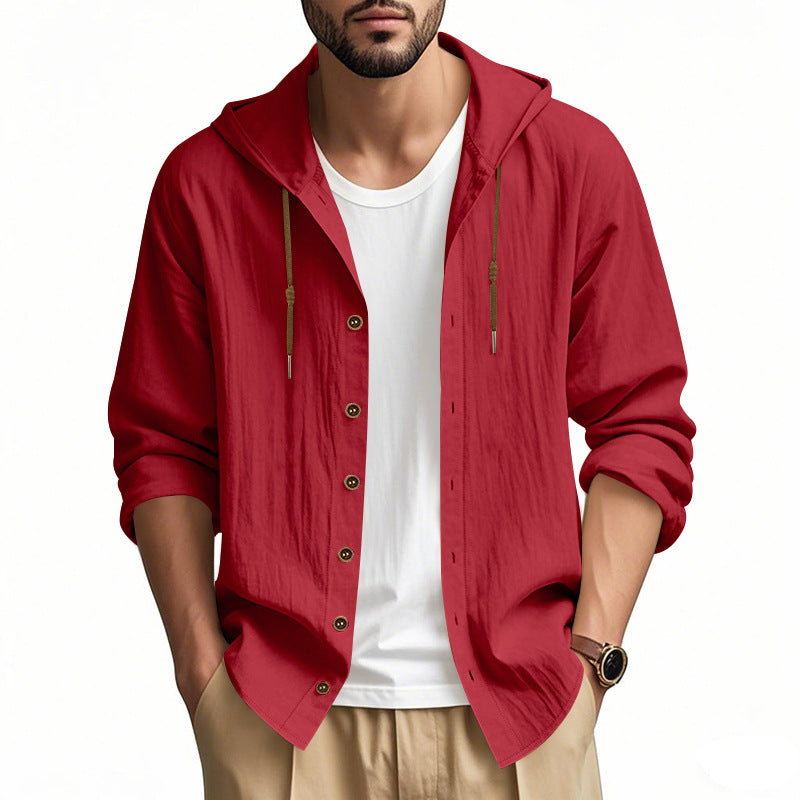 Herren nan leichtes Kapuzenhemdjacke aus Leinenoptik mit durchgehender Knopfleiste Drune