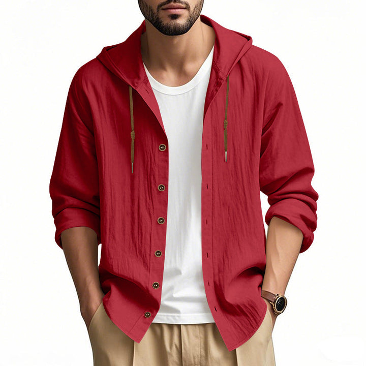 Herren nan leichtes Kapuzenhemdjacke aus Leinenoptik mit durchgehender Knopfleiste Drune