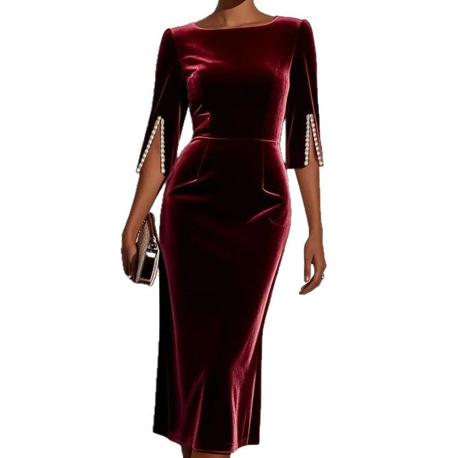 Damen elegantes figurbetontes Samtkleid mit Perlendetails Drune