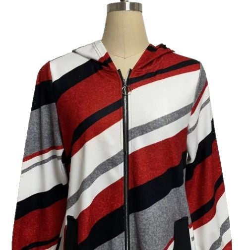 Damen nan Longline-Kapuzenjacke mit diagonalem Streifenmuster, Ringreißverschluss und Seitentaschen Drune
