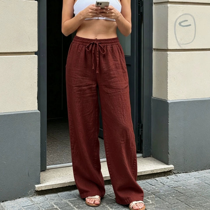 Damen Weite Leinenoptik-Hose mit Gummibund, Tunnelzug und Seitentaschen Drune