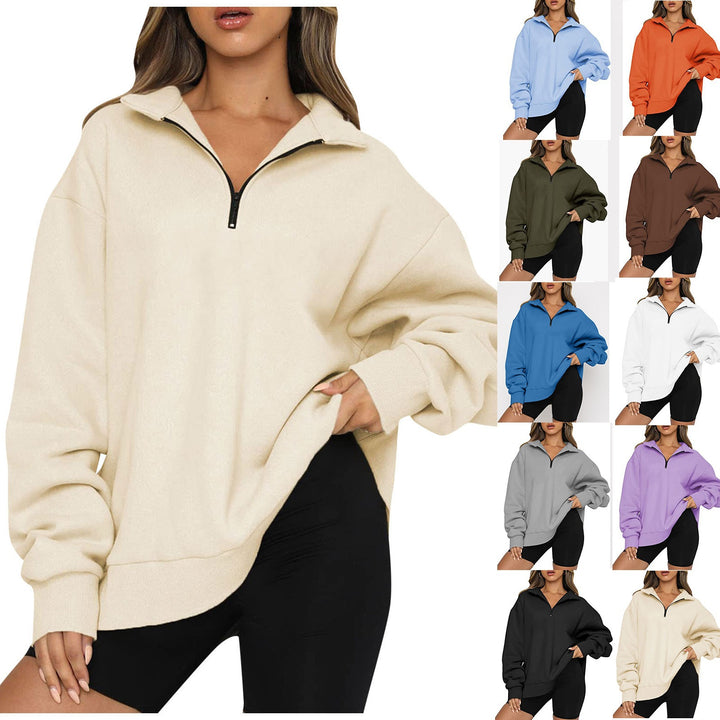Damen nan oversized Sweatshirt mit halbem Reißverschluss, weichem Fleece-Innenfutter und Kängurutasche Drune