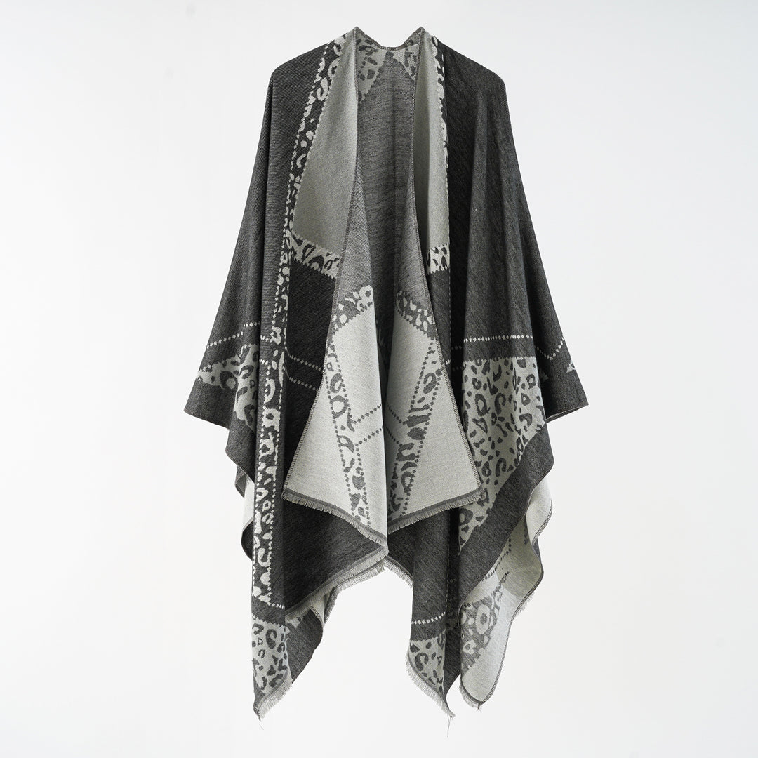 Damen Oversize Cape-Überwurf mit jacquardgewebten Patchmotiven und Fransensaum Drune