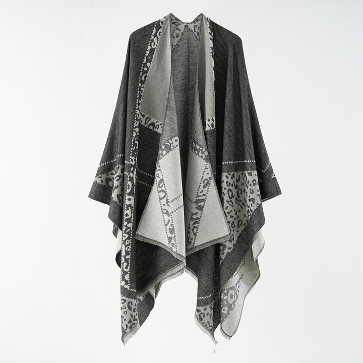 Damen Oversize Cape-Überwurf mit jacquardgewebten Patchmotiven und Fransensaum Drune