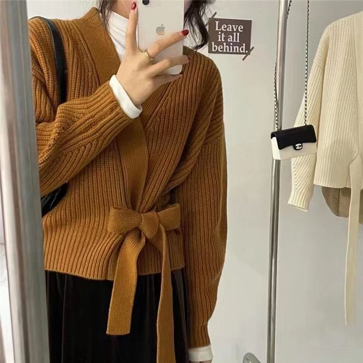 Damen eleganter Wickelpullover mit V-Ausschnitt und Taillenzug Drune