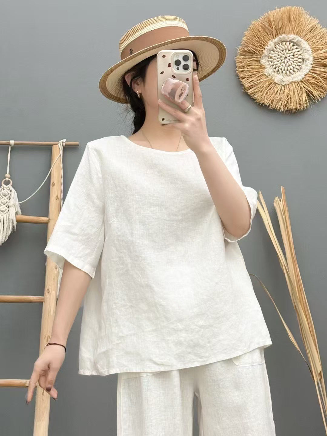 Damen Relaxed Fit Leinen Oversized Top Drune