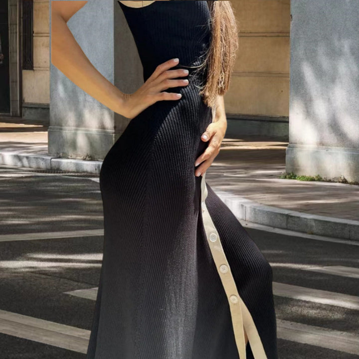 Damen Maxikleid mit Knopfleiste und kontrastierendem Design Drune