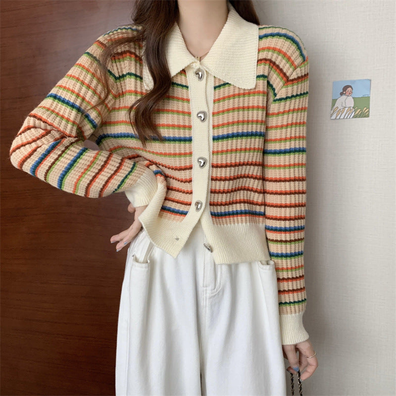 Damen gestreifte Strickjacke mit modischem Kragen und glanzvollen Knöpfen Drune