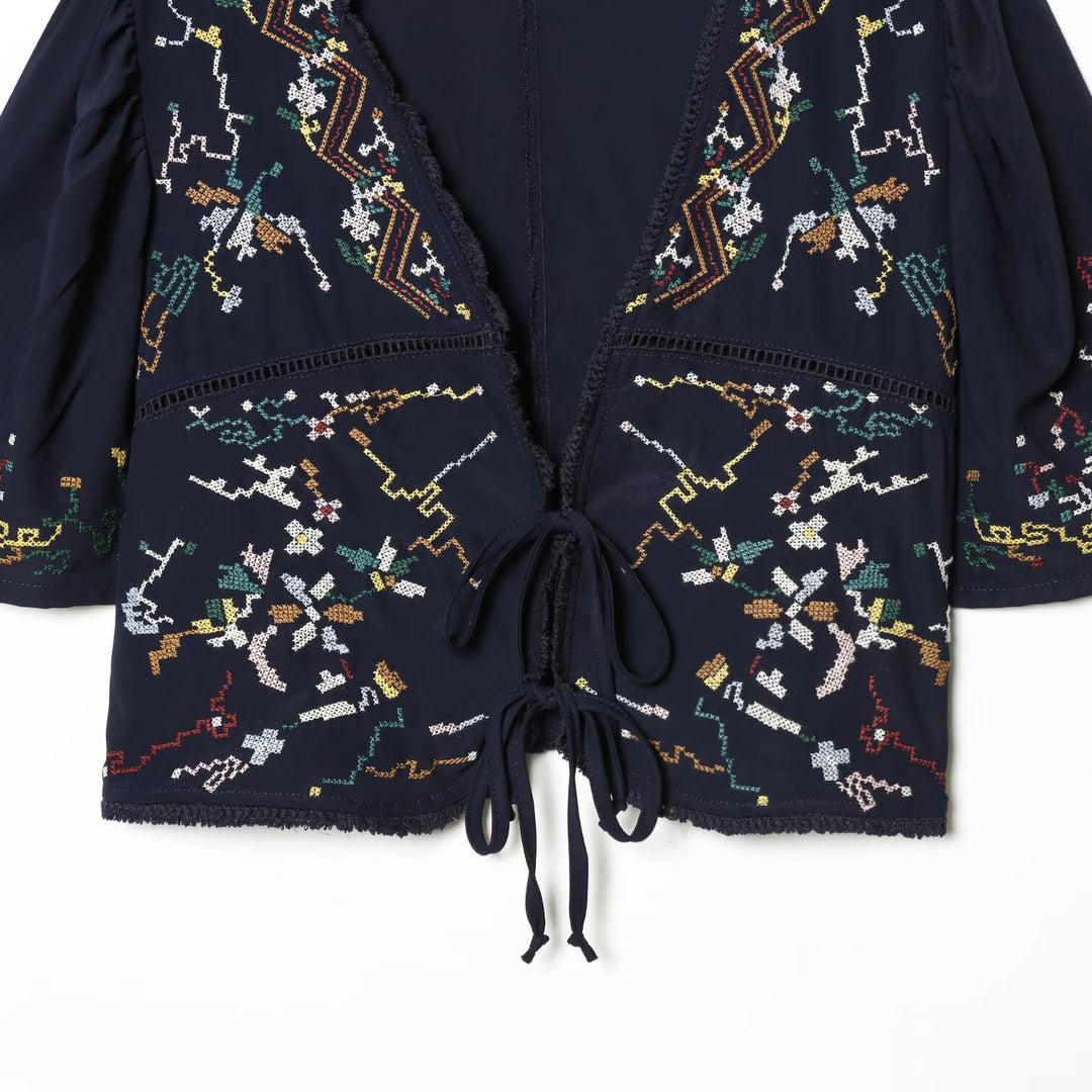 Damen Kurzblusenkimono mit kunstvollem Stickmuster und Taillenschnürung Drune