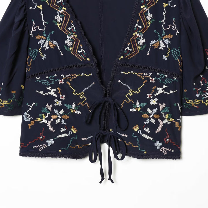 Damen Kurzblusenkimono mit kunstvollem Stickmuster und Taillenschnürung Drune