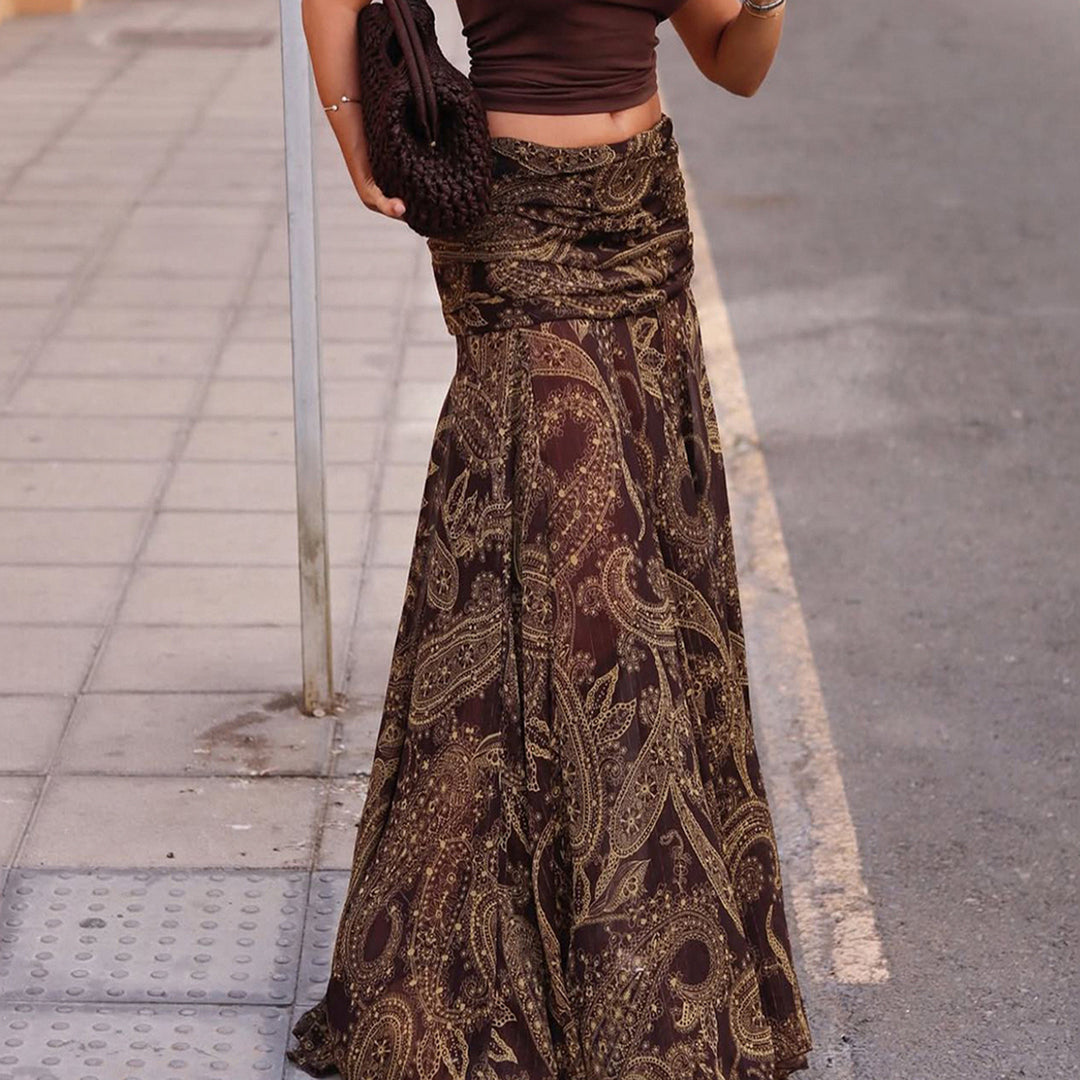 Damen Langer Chiffon-Rock mit gerafftem Bund, Paisley-Print und Zipfelsaum Drune