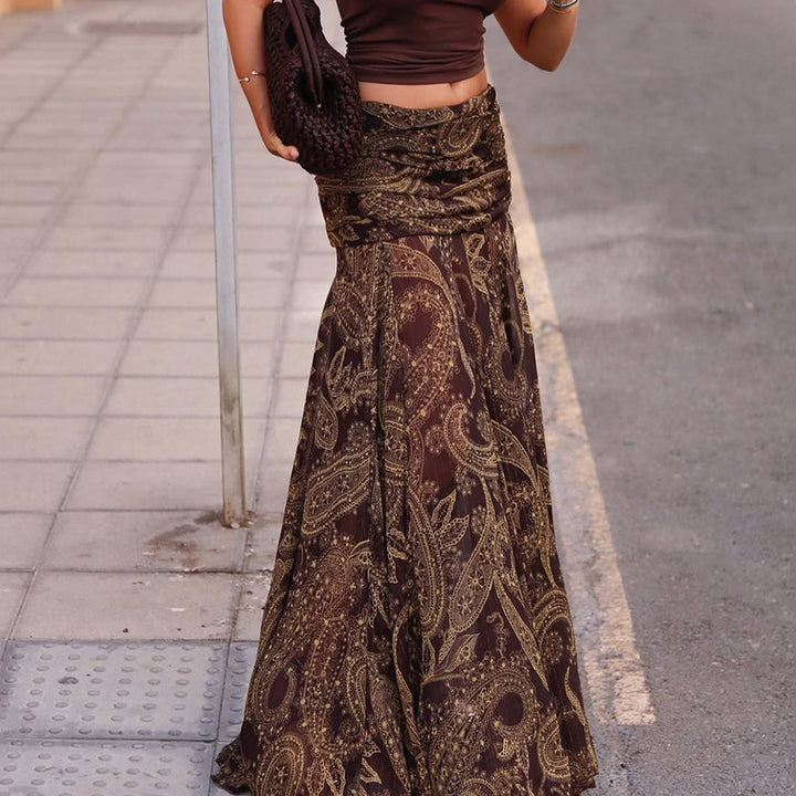 Damen Langer Chiffon-Rock mit gerafftem Bund, Paisley-Print und Zipfelsaum Drune