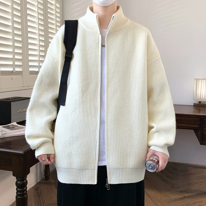 Herren Oversized Strick‑Zipjacke mit hohem Stehkragen und feiner Rippstruktur Drune