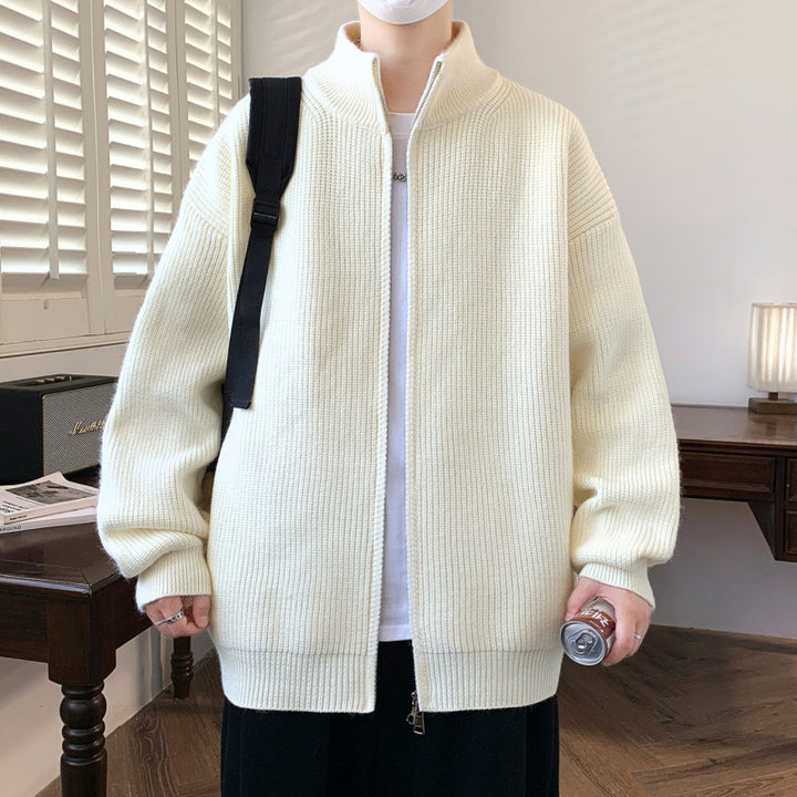 Herren Oversized Strick‑Zipjacke mit hohem Stehkragen und feiner Rippstruktur Drune