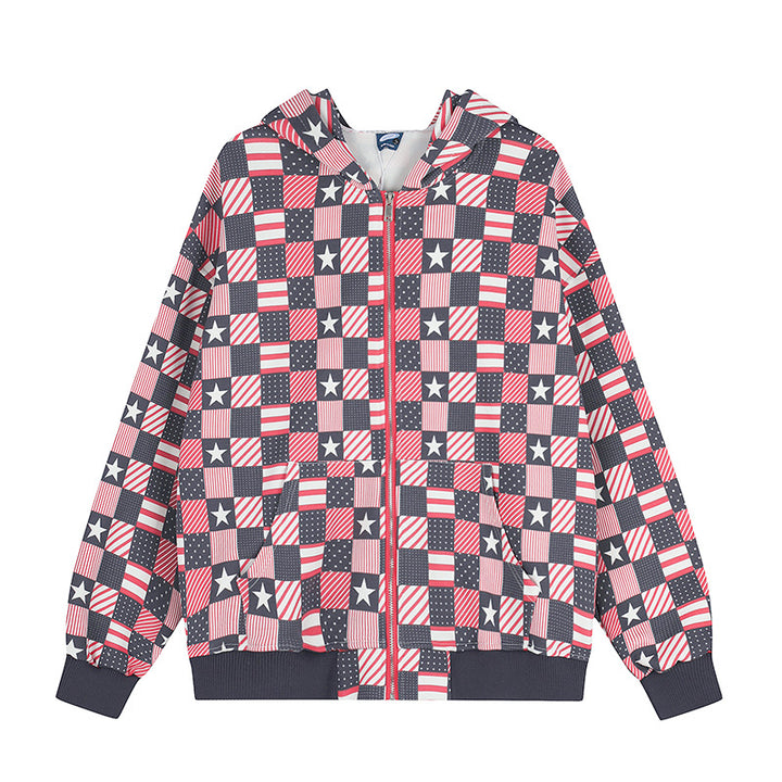 Damen Zip-Kapuzenjacke mit Allover-Patchwork-Sternen- und Streifenmuster Drune