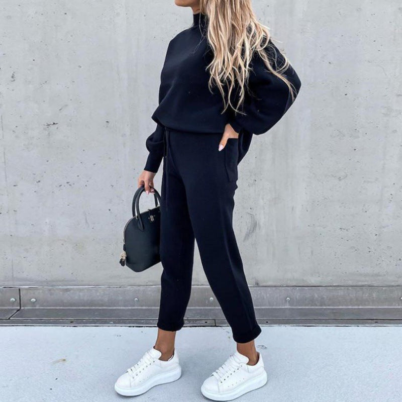 Damen Strick-Loungewear-Set mit Ballonärmeln und taillierter Jogginghose Drune