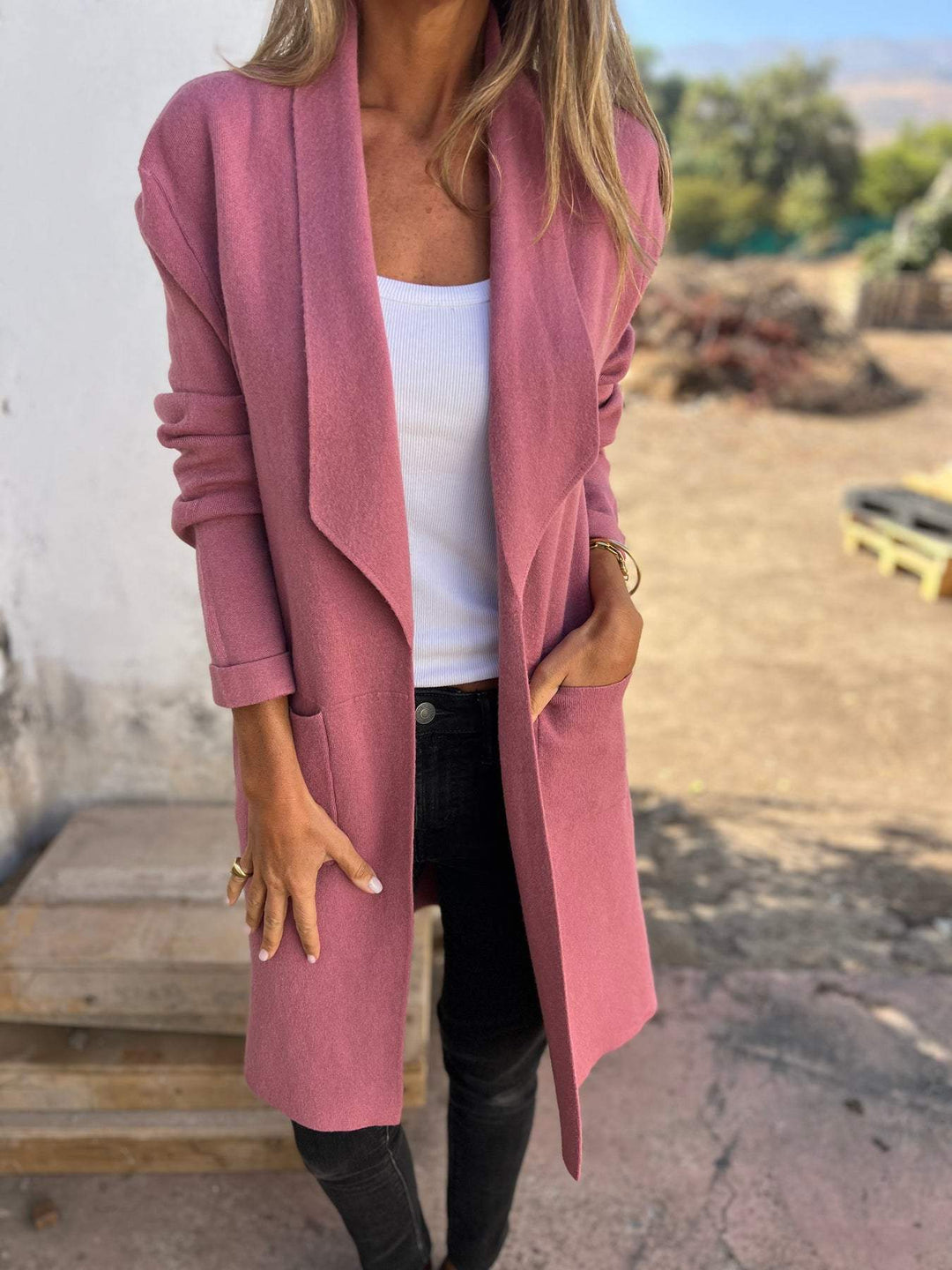 Drune | Einfarbiger Langer Taschen Wollstrickjacke