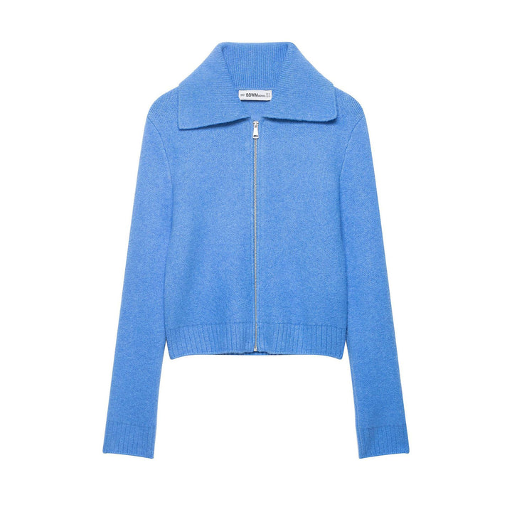 Damen Grobgestrickte Kurzjacke mit Reißverschluss, weitem Kragen und geripptem Saum Drune