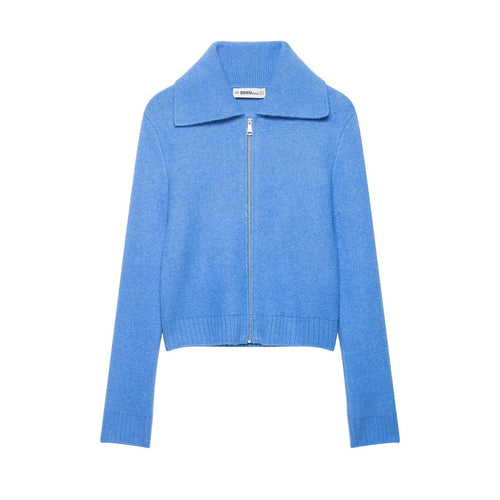 Damen Grobgestrickte Kurzjacke mit Reißverschluss, weitem Kragen und geripptem Saum Drune