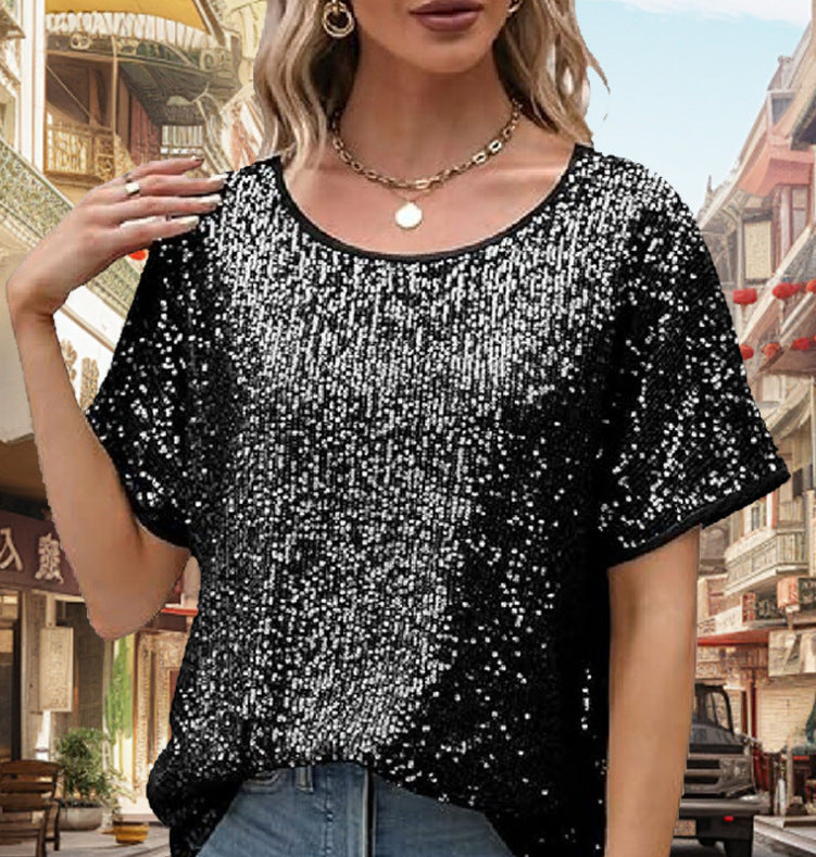 Damen Glitzernde Kurzarm-Bluse Drune