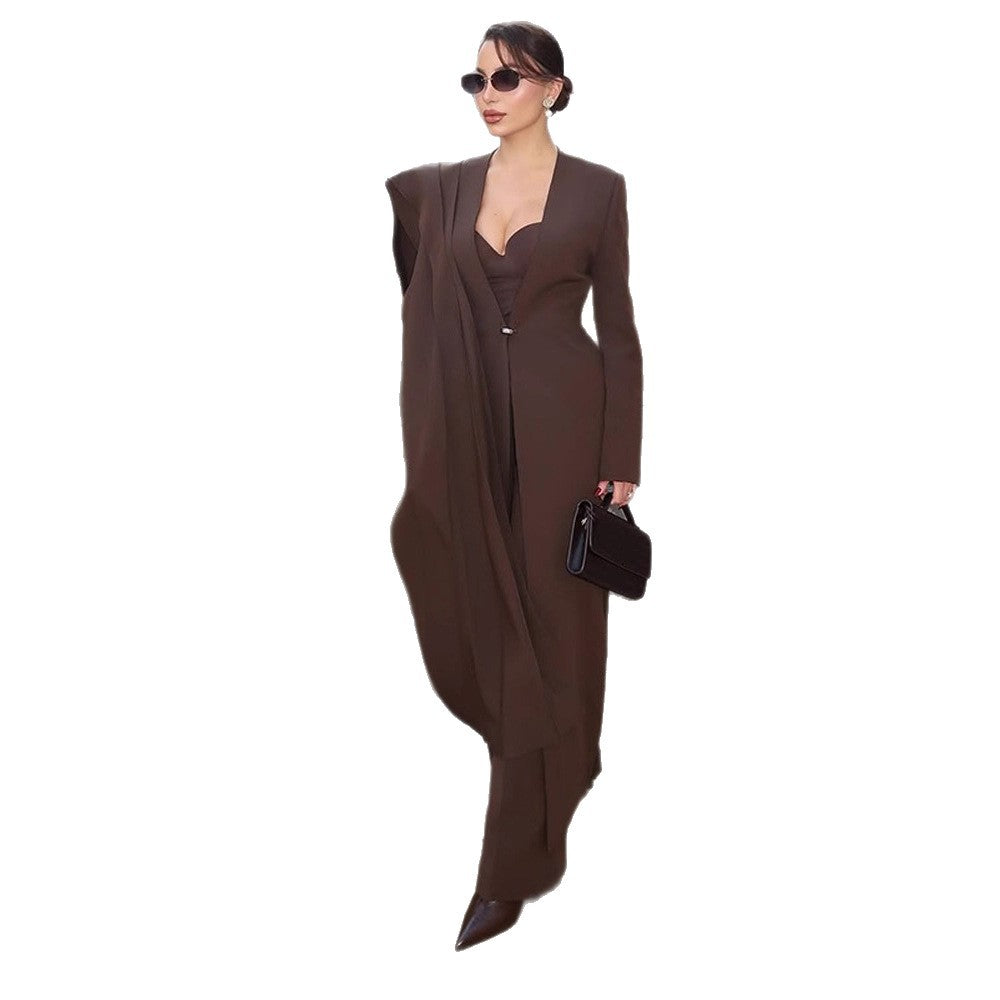 Damen Elegantes Mantelkleid mit Cape-Schulter und taillierter Silhouette Drune
