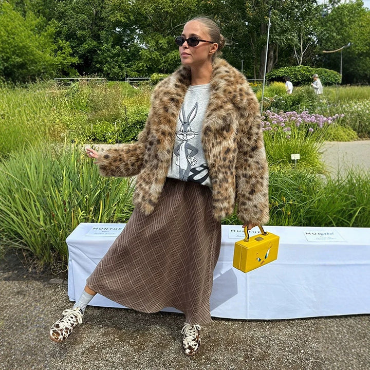 Damen Gefleckte Kurz-Kunstpelzjacke mit Boxy-Silhouette und voluminösem Flor Drune