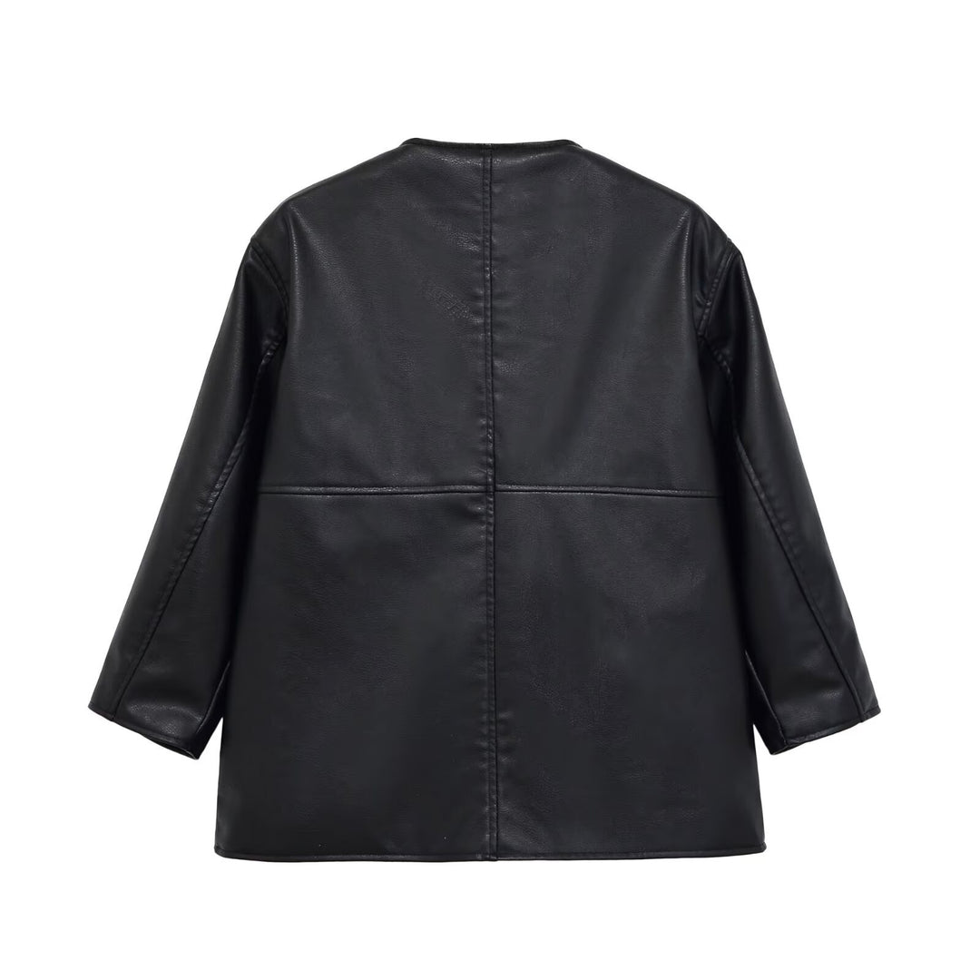 Damen kragenlose Oversize-Kunstlederjacke mit Rundhalsausschnitt Drune