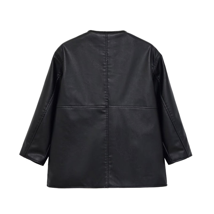Damen kragenlose Oversize-Kunstlederjacke mit Rundhalsausschnitt Drune