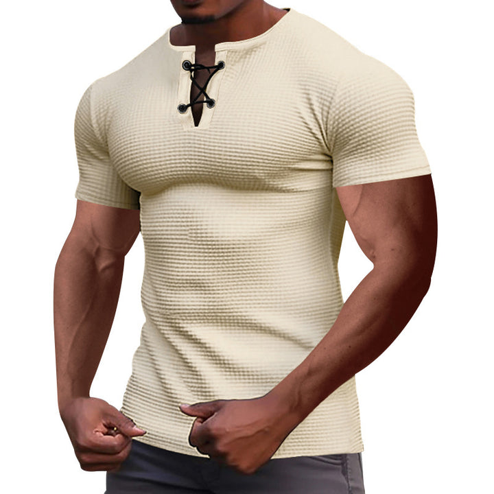 Herren nan Kurzarmshirt mit Schnürkragen, Metallösen und feinem Strukturjersey Drune